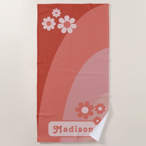 Retro Curves Orange Daisy Name Beach Towel