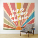 Retro Custom Birthday Party Name Vintage Sunburst Tapestry<br><div class="desc">A Retro Custom Name Vintage Sunburst Birthday Party tapestry backdrop is a unique and eye-catching decoration that will make your birthday party truly special. The tapestry features a vintage sunburst design with a personalized name in a retro font. The warm, bright colors of the sunburst design remind of the 70s...</div>