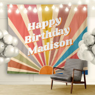 Retro Custom Birthday Party Name Vintage Sunburst Tapestry