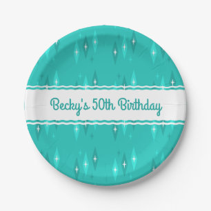 Retro Custom Birthday Party Turquoise Paper Plates