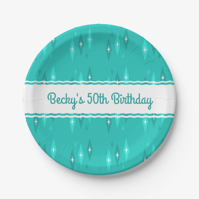 Retro Custom Birthday Party Turquoise Paper Plates (Front)