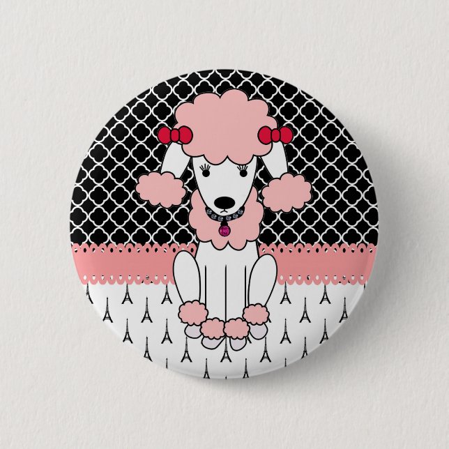 Retro custom girly diva pink Paris Poodle Button (Front)
