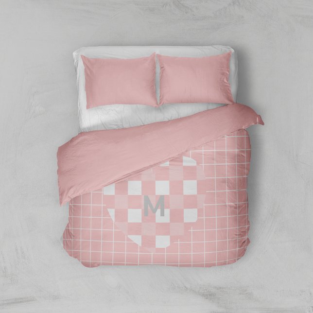 Retro Custom Monogram Checkered Grid Heart Pink Duvet Cover (Creator Uploaded)