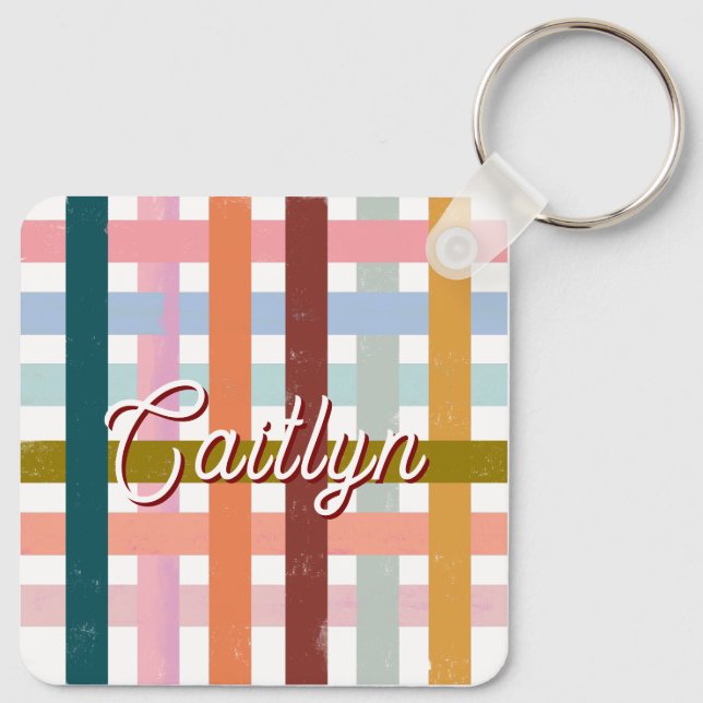 Retro CUSTOM Name Woven Roller Stripes Keychain (Back)