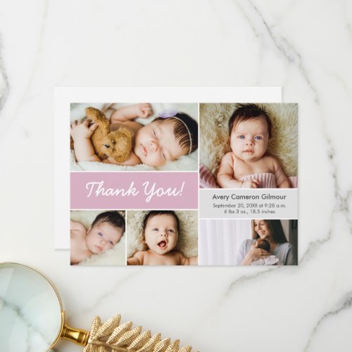 Retro Custom Photo Collage Baby Girl Birth  Thank You Card
