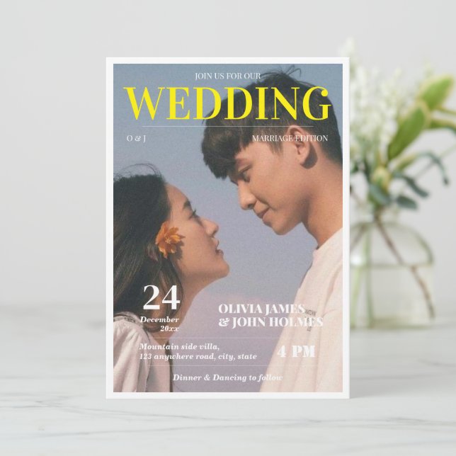 Retro, custom photo magazine wedding invitation (Standing Front)