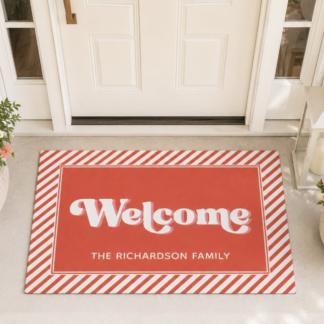Retro Custom Welcome Doormat (cute fun retro colorful typography striped welcome mat with custom family name )