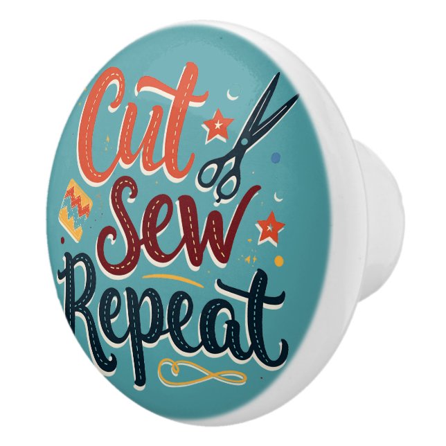 Retro "Cut Sew Repeat" Sewing Lover Design Ceramic Knob (Right)