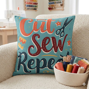 Retro "Cut Sew Repeat" Sewing Lover Design Throw Pillow