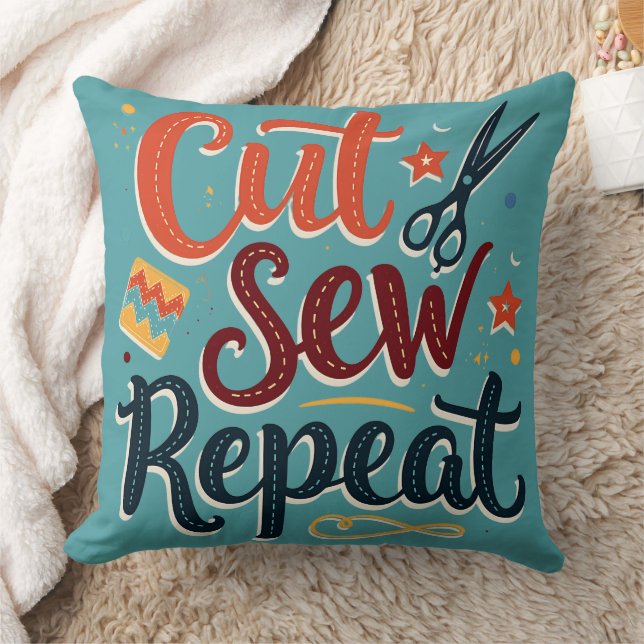Retro "Cut Sew Repeat" Sewing Lover Design Throw Pillow (Blanket)
