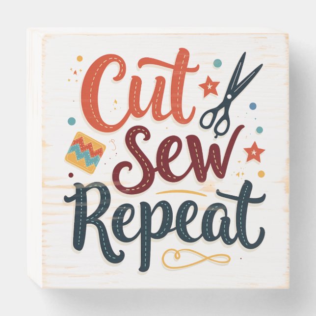 Retro "Cut Sew Repeat" Sewing Lover Design Wooden Box Sign (Front Horizontal)