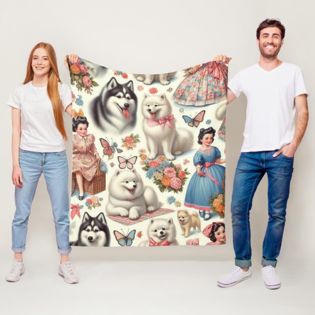 Retro Cute American Eskimo Seamless Fleece Blanket (In Situ)