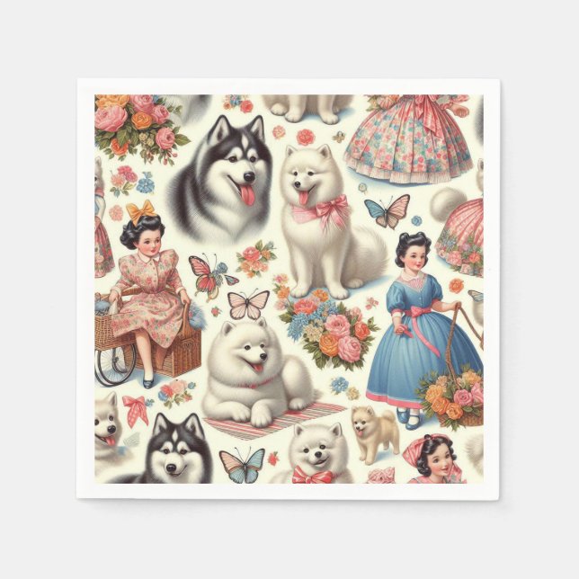 Retro Cute American Eskimo Seamless Napkins (Front)