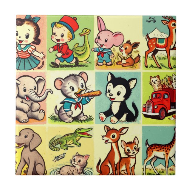 Retro Cute Animals Comics Ceramic Tile (Front)