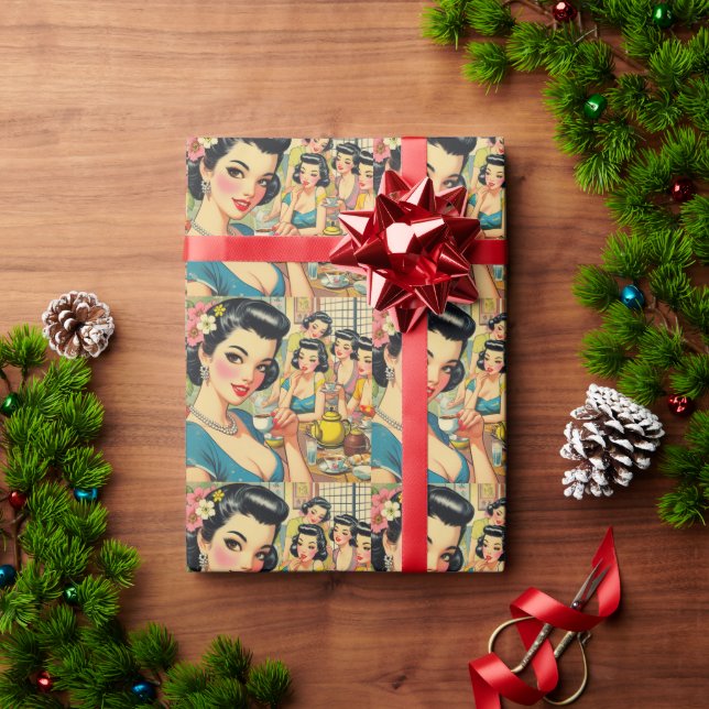 Retro Cute Asian Girl Illustration Wrapping Paper (Holiday Gift)
