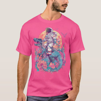 Retro Cute Astronaut On Dino Trex Floral T-Shirt