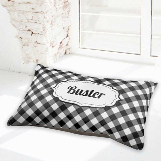 Retro Cute Black & White Gingham Check Dog Bed  (retro cute black and white gingham check bed for dogs)