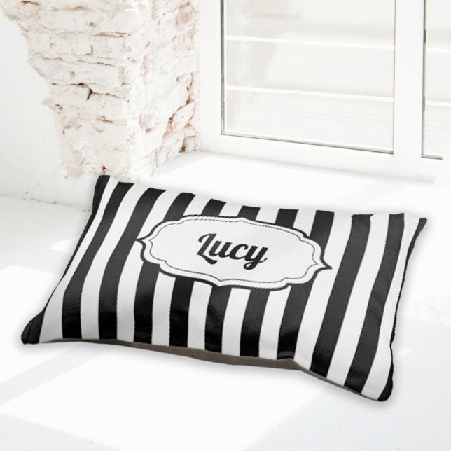 Retro Cute Black & White Stripe Dog Bed  (retro cute black and white stripe bed for dogs)