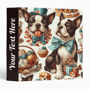 Retro Cute Boston Terrier Illustration 3 Ring Binder