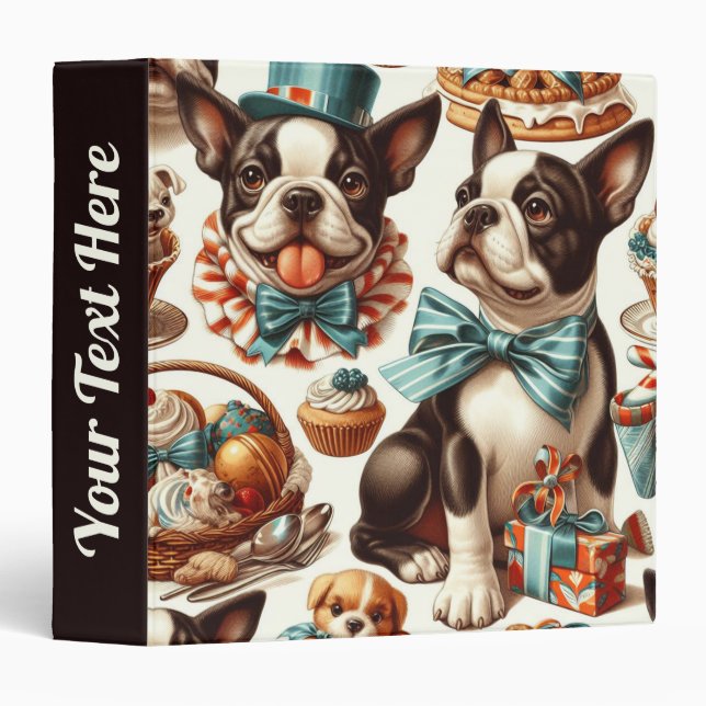 Retro Cute Boston Terrier Illustration 3 Ring Binder (Front/Spine)