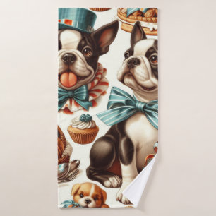 Retro Cute Boston Terrier Illustration Bath Towel