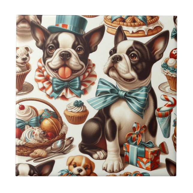 Retro Cute Boston Terrier Illustration Ceramic Tile (Front)