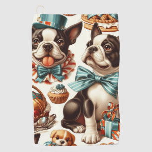 Retro Cute Boston Terrier Illustration Golf Towel