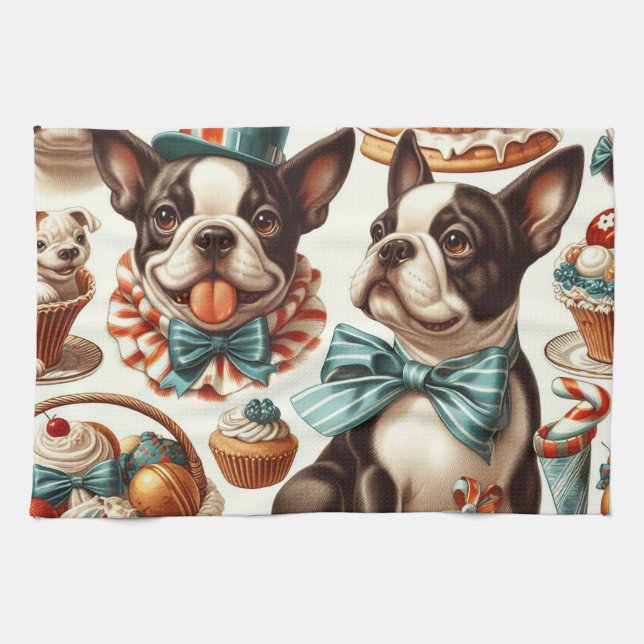 Retro Cute Boston Terrier Illustration Kitchen Towel (Horizontal)