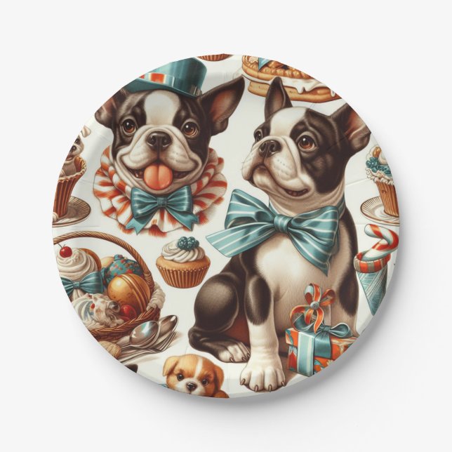 Retro Cute Boston Terrier Illustration Paper Plates (Front)