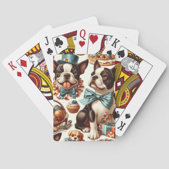 Retro Cute Boston Terrier Illustration Poker Cards (Back)