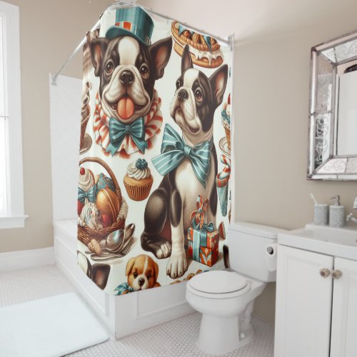 Retro Cute Boston Terrier Illustration Shower Curtain