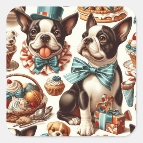 Retro Cute Boston Terrier Illustration Square Sticker