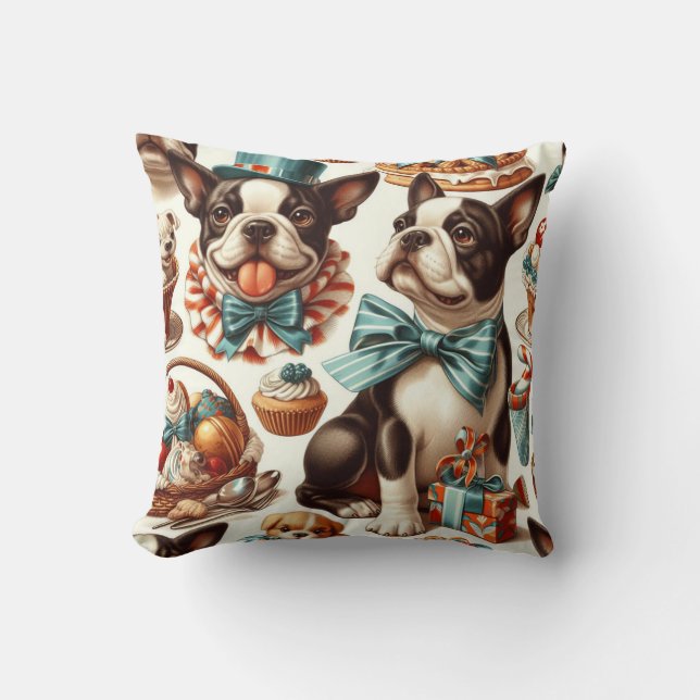 Retro Cute Boston Terrier Illustration Throw Pillow (Front)