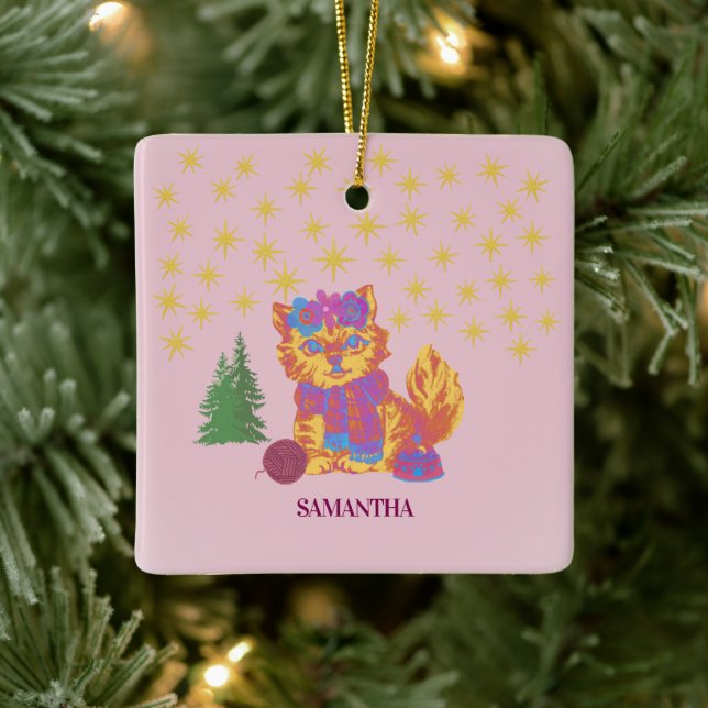 Retro Cute Cat Christmas  Ceramic Ornament (Tree)