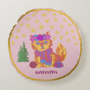 Retro Cute Cat Christmas Round Pillow