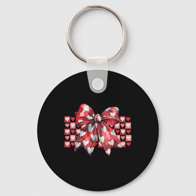 Retro Cute Checkered Heart Coquette Red Bow Valent Keychain (Front)