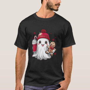 Retro Cute Christmas Ghost Drinking Iced Coffee Gi T-Shirt