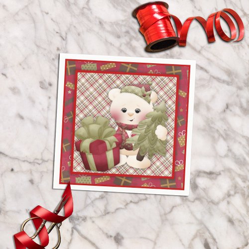 Retro Cute Christmas Tree White Bear Decoupage Napkins