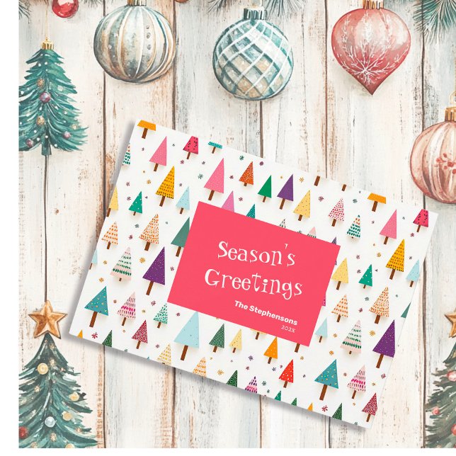 Retro Cute Christmas Trees Holiday Card (Cute Retro Christmas Trees Holiday Card (flat card) "Season's Greetings")