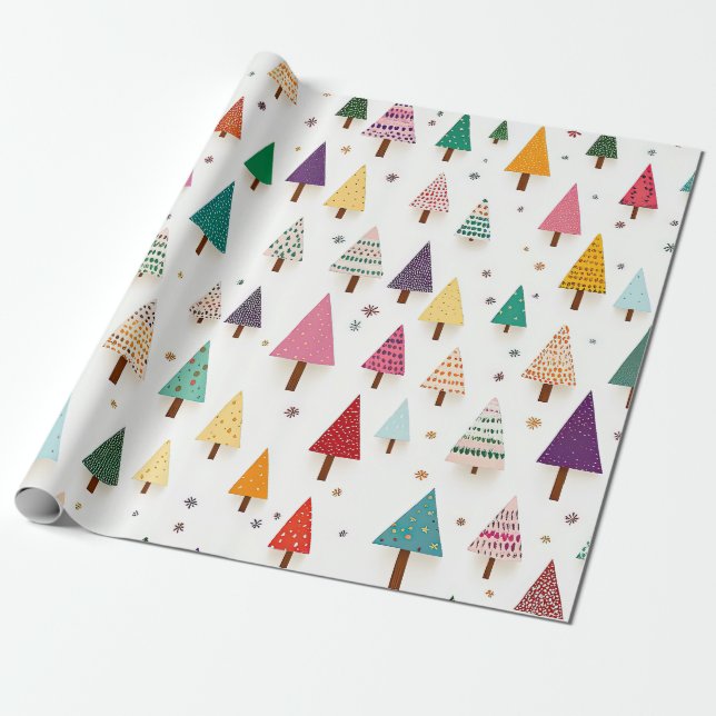 Retro Cute Christmas Trees Wrapping Paper (Unrolled)