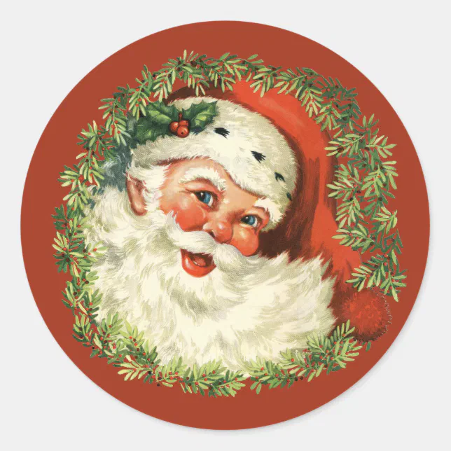 Retro Cute Chubby Santa Wreath Christmas Holiday Classic Round Sticker ...