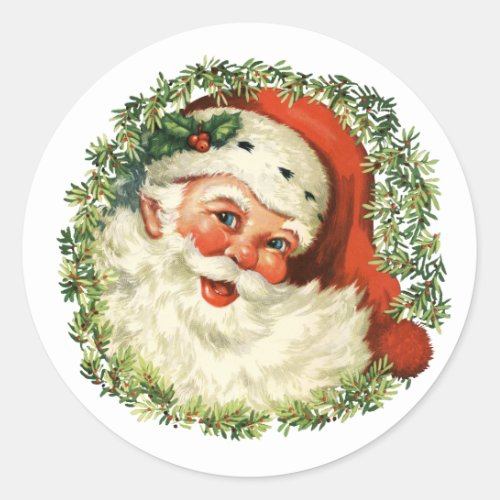 Retro Cute Chubby Santa Wreath Christmas Holiday Classic Round Sticker