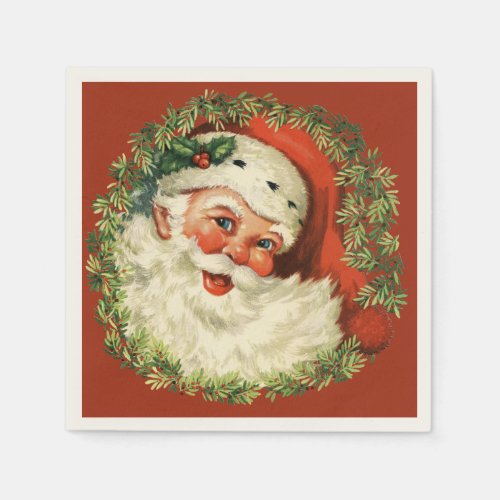 Retro Cute Chubby Santa Wreath Holiday Christmas Napkins