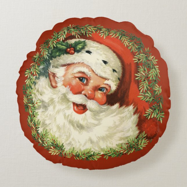 Retro Cute Chubby Santa Wreath Holiday Christmas Round Pillow (Front)