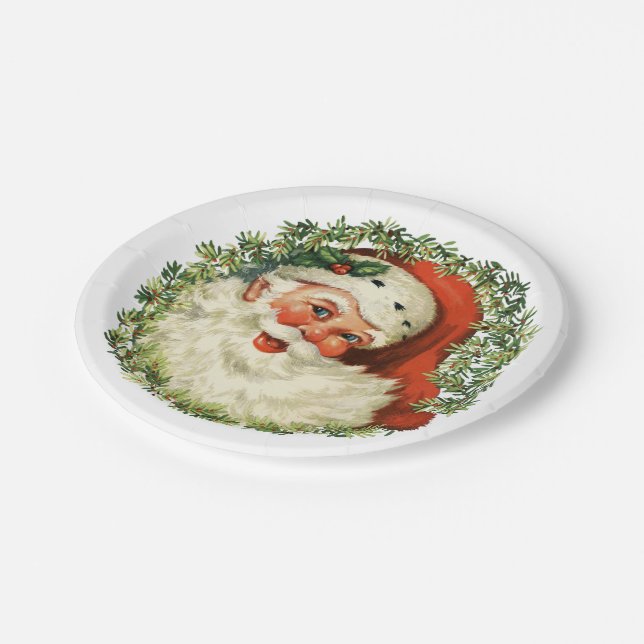 Retro Cute Chubby Santa Wreath Holiday Party Paper Plates (Angled)