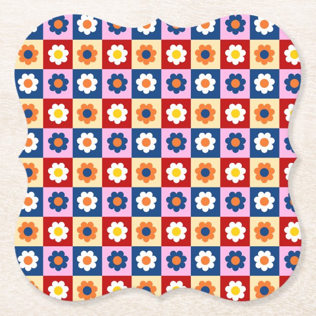 Retro Cute colorful Flowers Pattern  Paper Coaster (Front)
