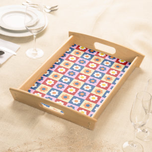 Retro Cute colorful Flowers Pattern Serving Tray