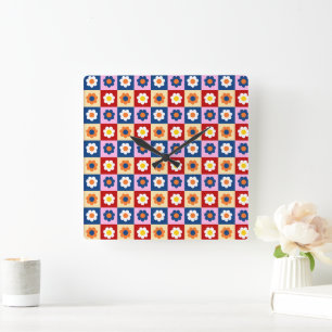 Retro Cute colorful Flowers Pattern Square Wall Clock