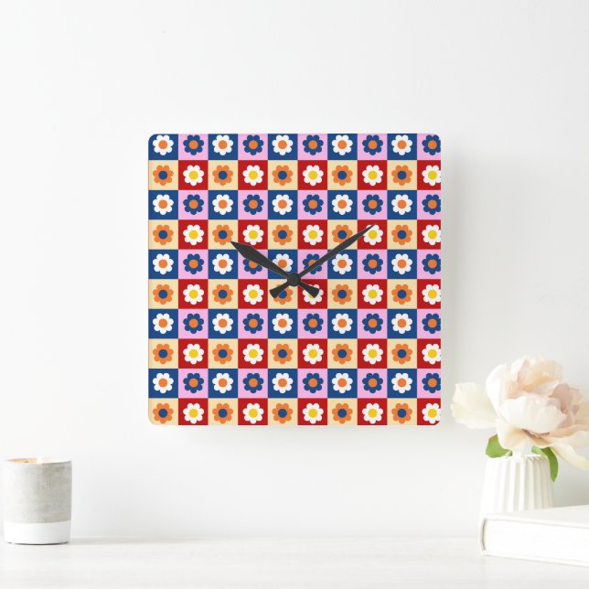 Retro Cute colorful Flowers Pattern  Square Wall Clock (Home)