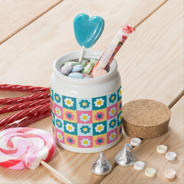 Retro Cute colorful Pastel Flowers Pattern  Candy Jar (In Situ)